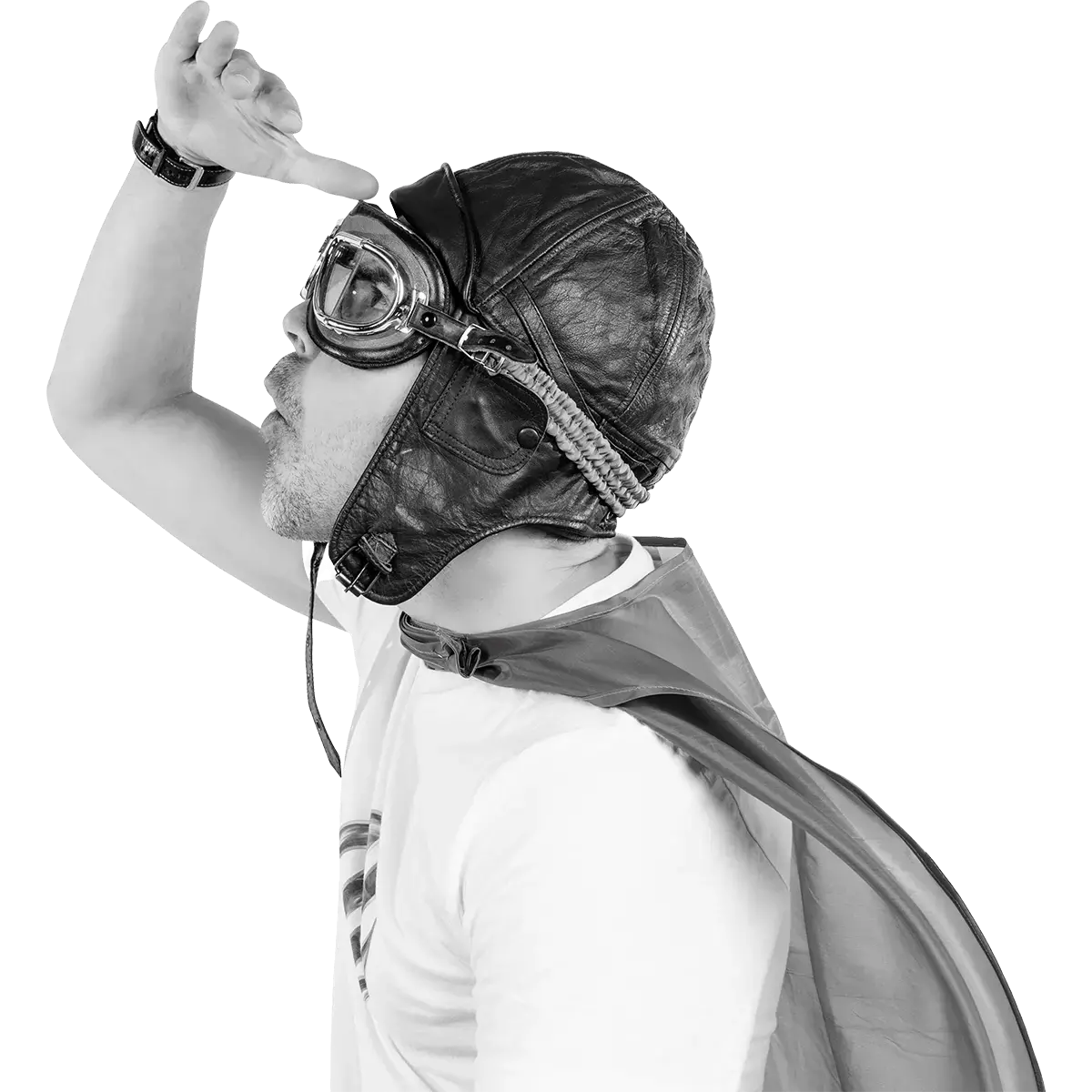 Dimitri déguisé en super-héros de la communication en train de sauter en l'air.